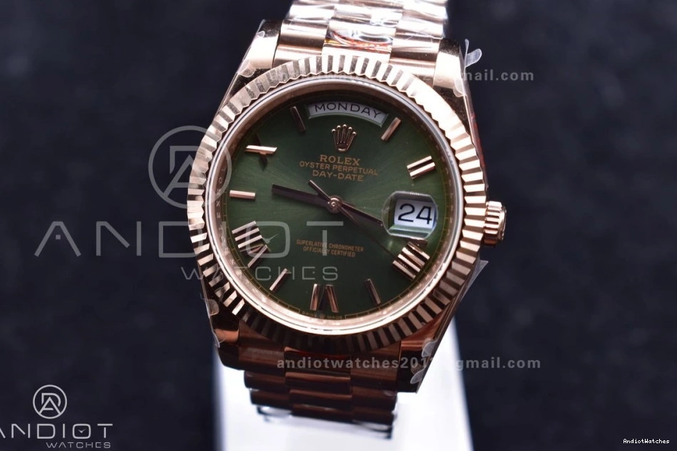 DayDate Markers FashionForward Steel Bracelet RG Roman V 904L on Tungsten GMF President 40 Weighted Dial 709 A2836 Green 1026